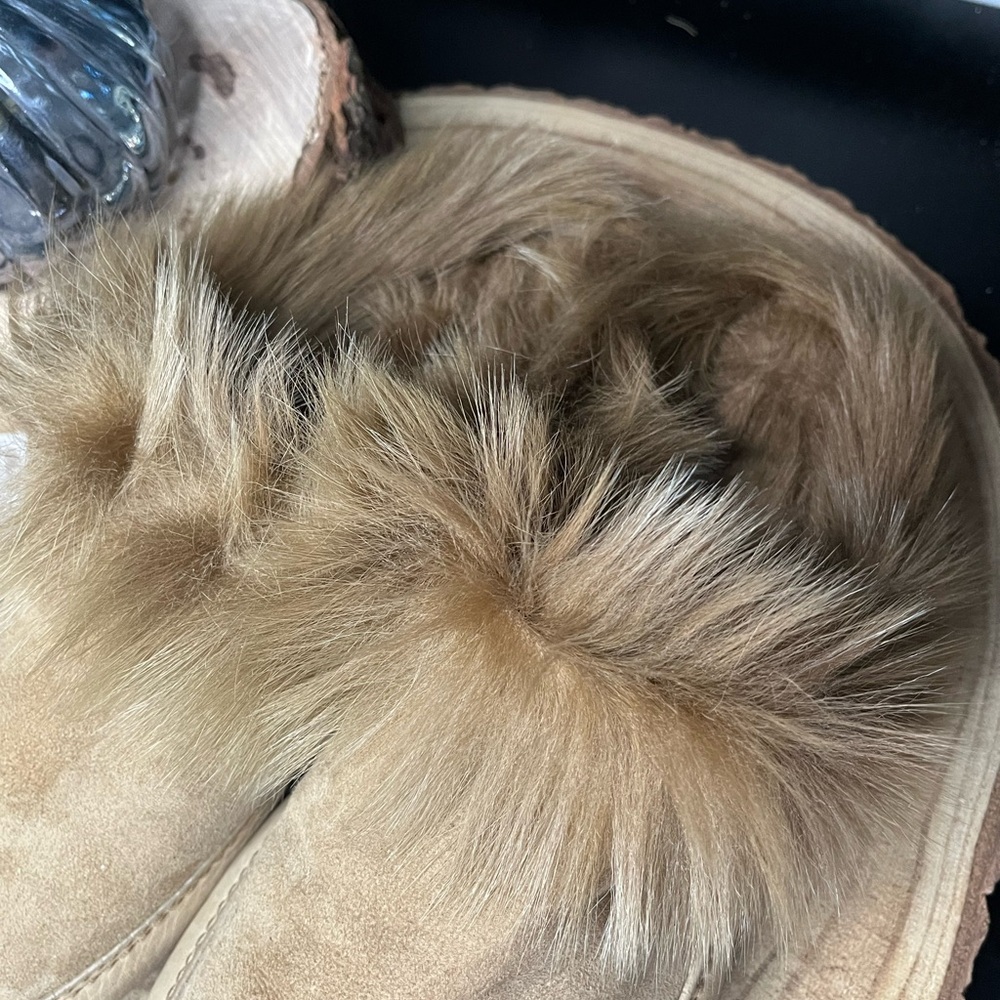 Pedro Garcia Size 37 1/2 Tan Suede Mules Slippers shoes with Fur Lining Trim